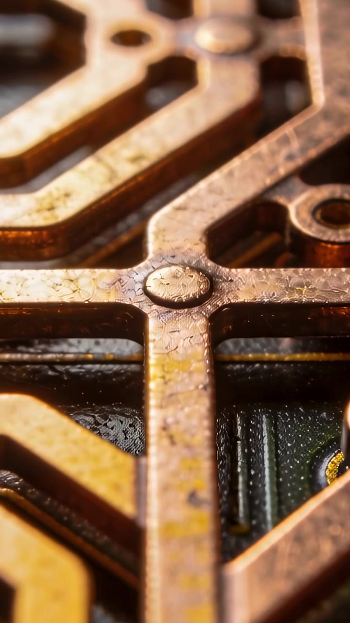 Video verticale: Telecamera che panoramica su un reticolo di rame che mostra tracce PCB e un rivetto all'interno del dispositivo per controlli.