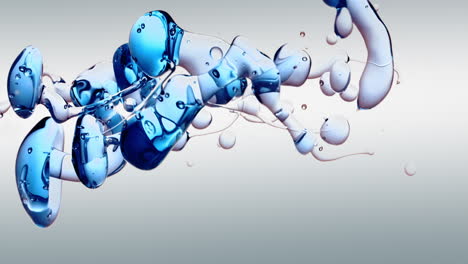 burbujas de aceite azul transparente y formas fluidas en agua purificada sobre un fondo degradado blanco