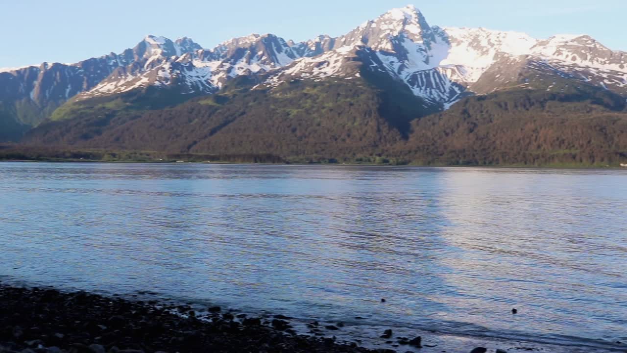 Panoramic shot of snow capped Mount Alice and Resurrection Bay at Seward Alaska in June