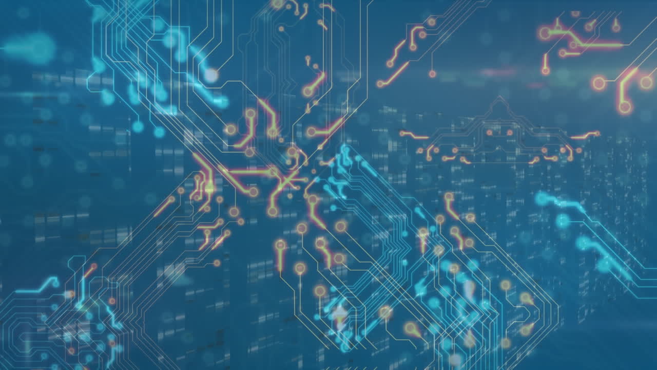 파란색 배경에 모자이크 사각형으로 화면 위에 마이크로프로세서 연결의 애니메이션