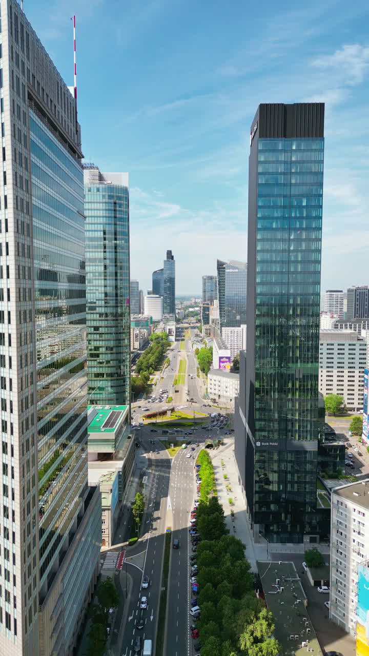 Aerial drone view of Warsaw, Poland on the River Vistula in daylight. Vertical