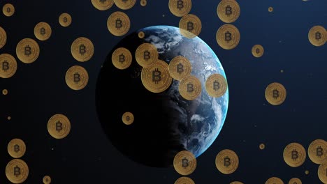 Animación-De-Bitcoins-Cayendo-Sobre-Un-Globo-Giratorio.