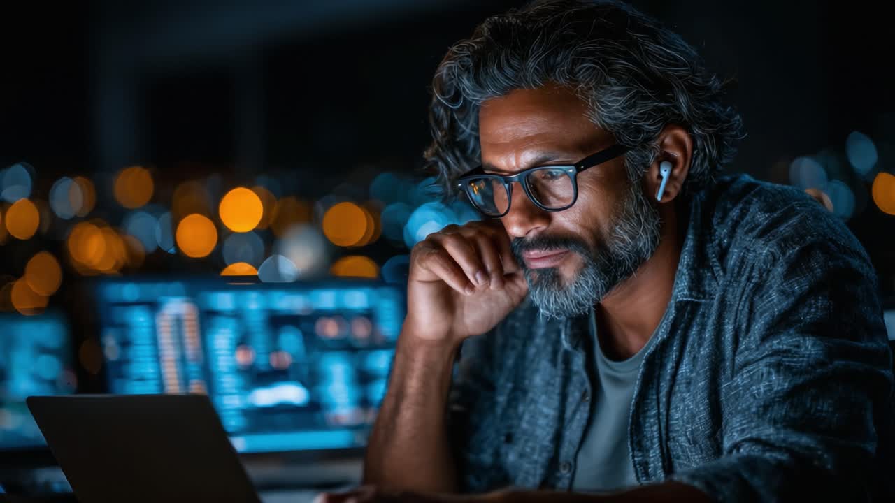 Focused Individual Analyzing Data on a Laptop in a Dimly Lit Environment with Vibrant Bokeh Lights Capturing the Essence of Technology and Thoughtfulness