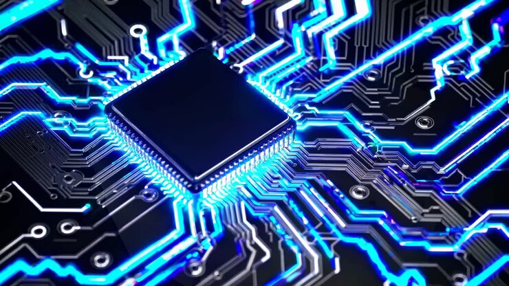 Nærbillede i fugleperspektiv af en glødende mikrochip med blå kredsløb, der illustrerer det futuristiske