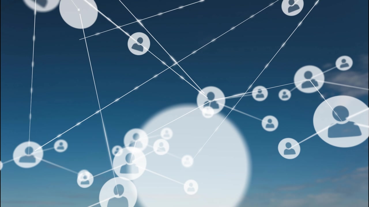 Animazione di una rete di connessioni con icone sul cielo blu