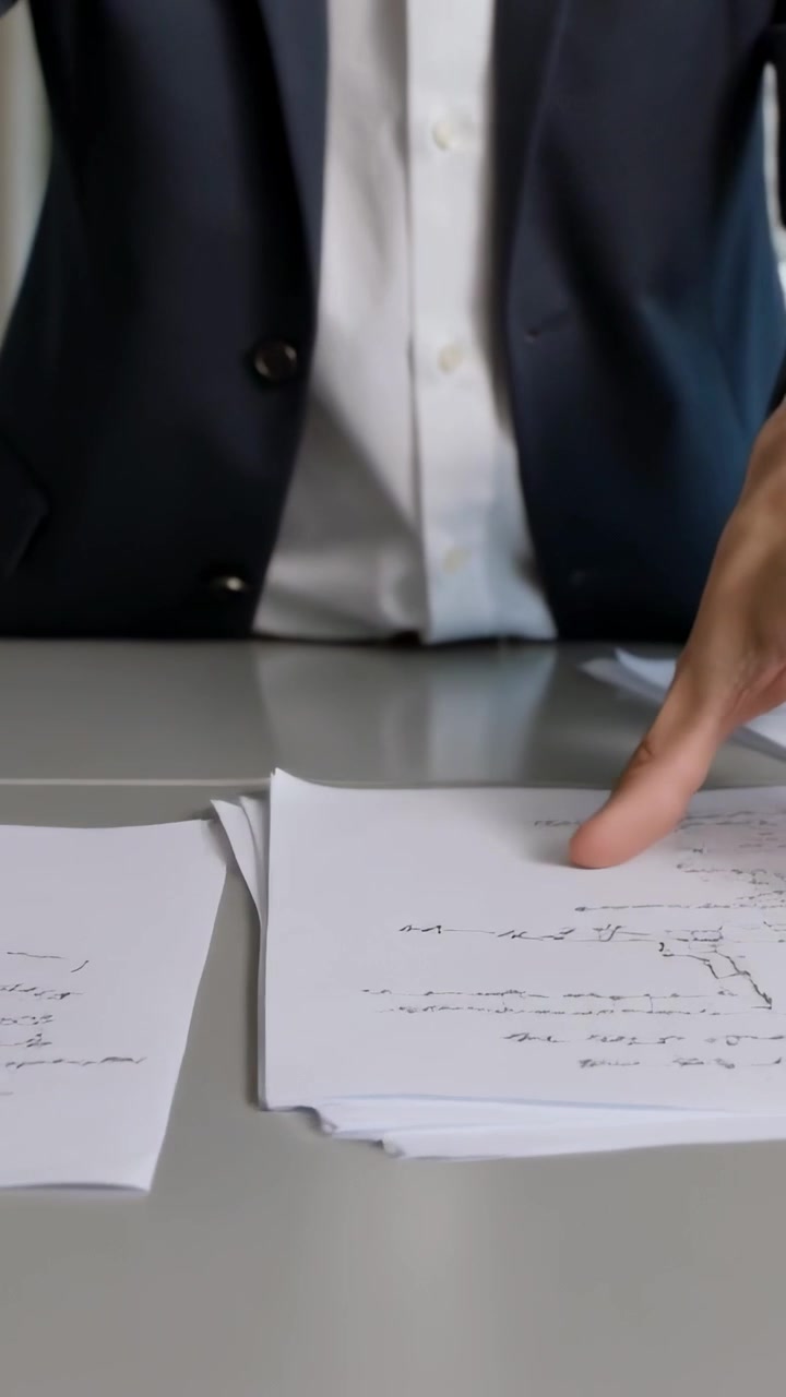 Vertical video: Leaning forward, man in suit arranging handwritten pages on desk for handoff