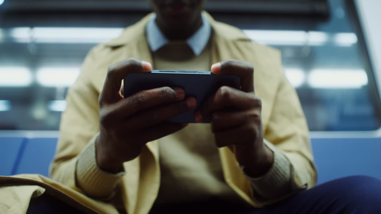 Man on subway playing phone with headphones