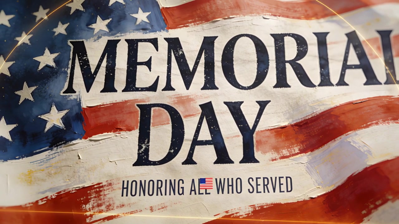 Animazione di un'icona a bandiera nel sottotitolo, il titolo MEMORIAL DAY che rivela una bandiera dipinta, onorando i veterani