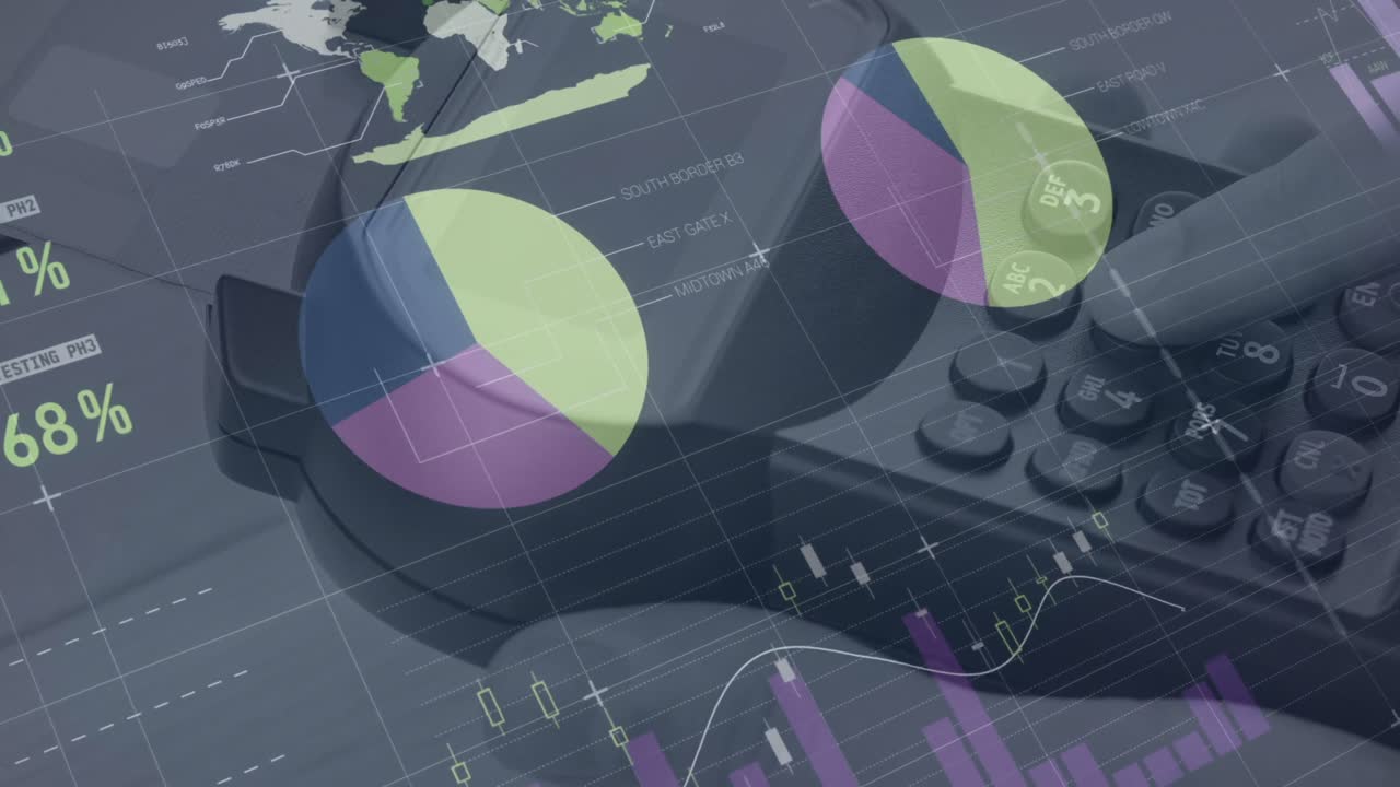 animación de gráficos y datos financieros sobre la mano de un hombre caucásico que posee un terminal de pago