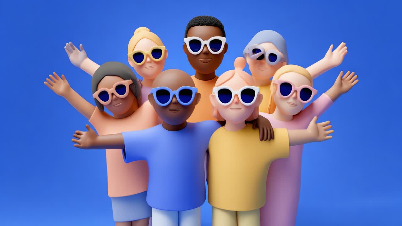 A joyful group of diverse animated characters sporting colorful outfits and stylish sunglasses stand together against a vibrant blue background, expressing friendship and fun in a lively gathering