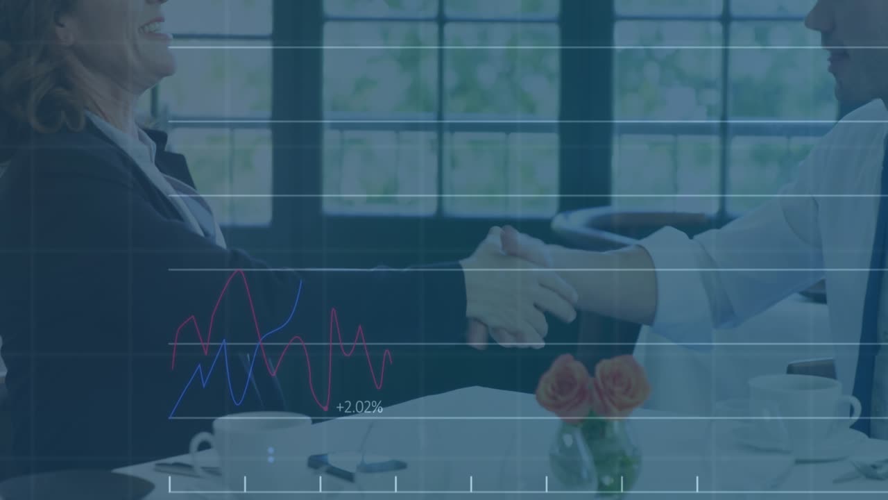 Animación de procesamiento de datos sobre empresarios caucásicos en un restaurante