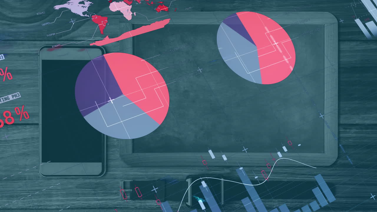 스마트 폰, 태블릿 및 스마트 워치에 대한 통계로 금융 데이터 처리의 애니메이션