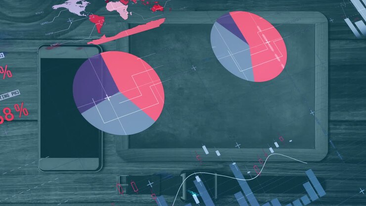 Animation of financial data processing with statistics over smartphone, tablet and smartwatch