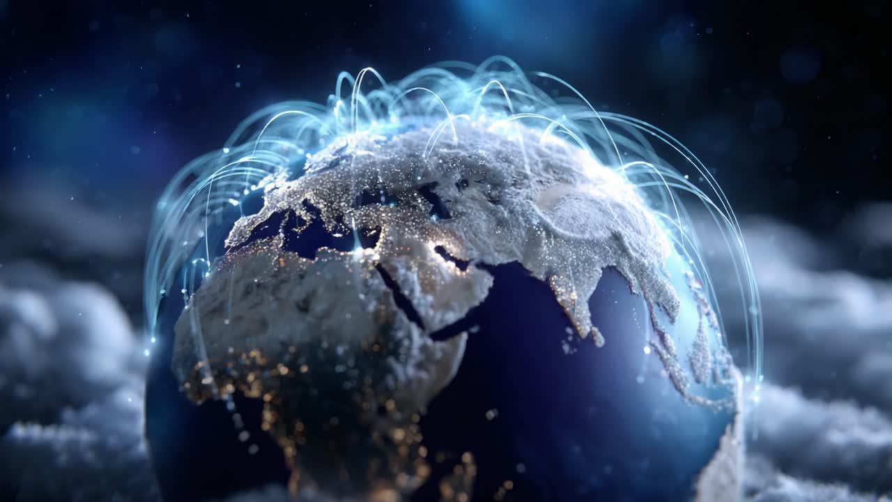 A Stunning Visualization of Earth Connected: Illuminated Networks of Communication Emanating from the Globe Amidst a Beautiful Cosmic Background