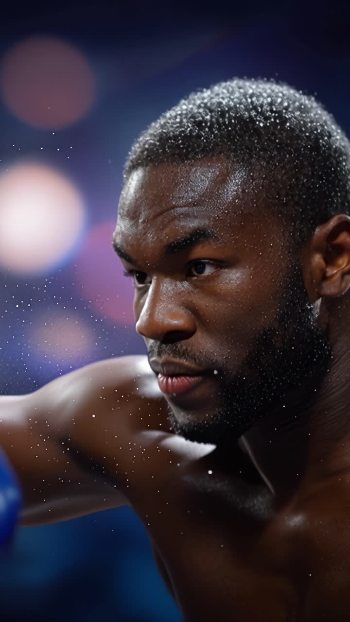 Momenti intensi di boxe che mostrano un pugile concentrato pronto a colpire con potenza e determinazione sul ring, sotto luci abbaglianti e un'atmosfera energica.