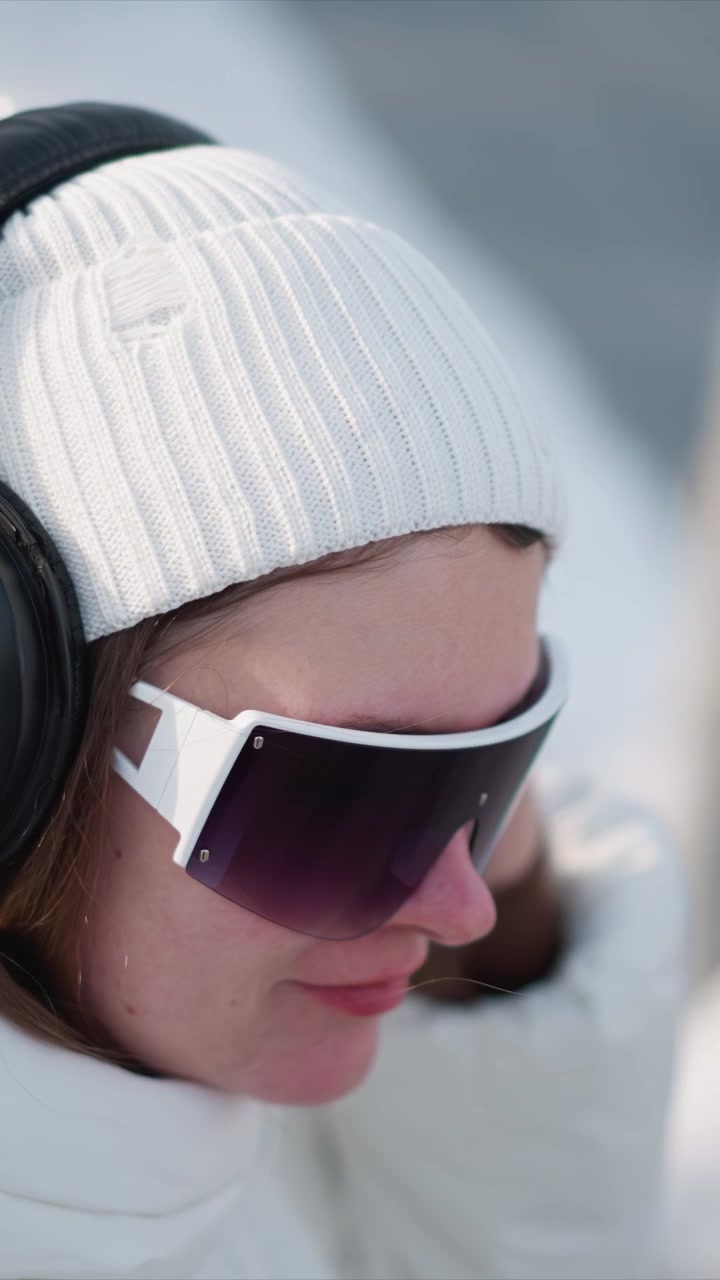 Woman wearing white knit beanie and winter jacket has black headphones placed on her head by another woman. interaction focuses on careful adjustment of audio equipment with close up details
