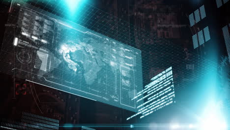 Animation of data processing and scope scanning over cityscape