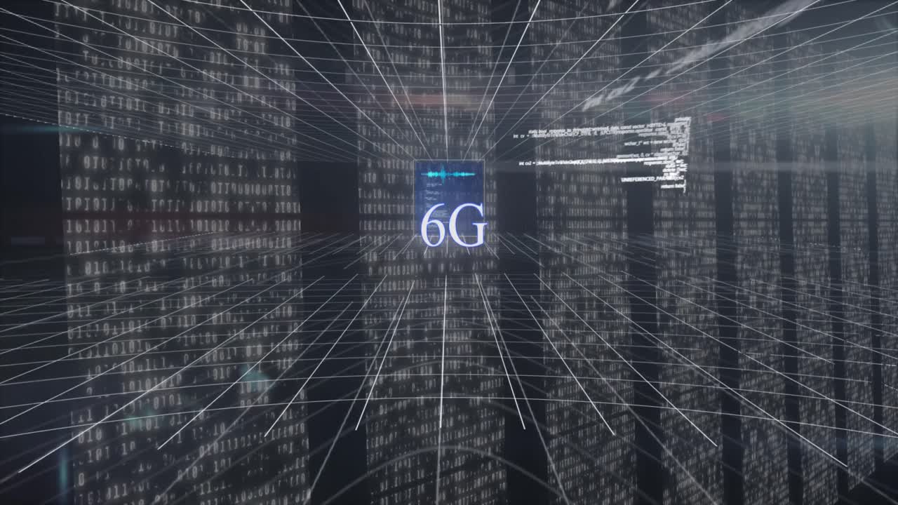 animazione di testo 6g e elaborazione dei dati su sfondo nero