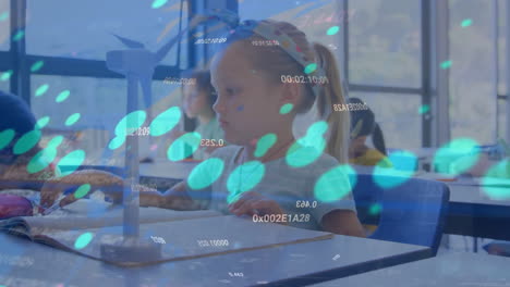animación de múltiples gráficos, números, mapa sobre chica caucásica con modelo de molino de viento en el aula