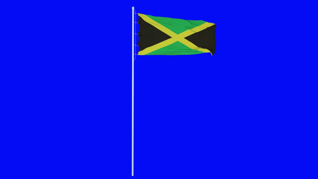 la bandera de jamaica ondeando en el viento en la pantalla azul o el fondo de la tecla de croma. animación 4k