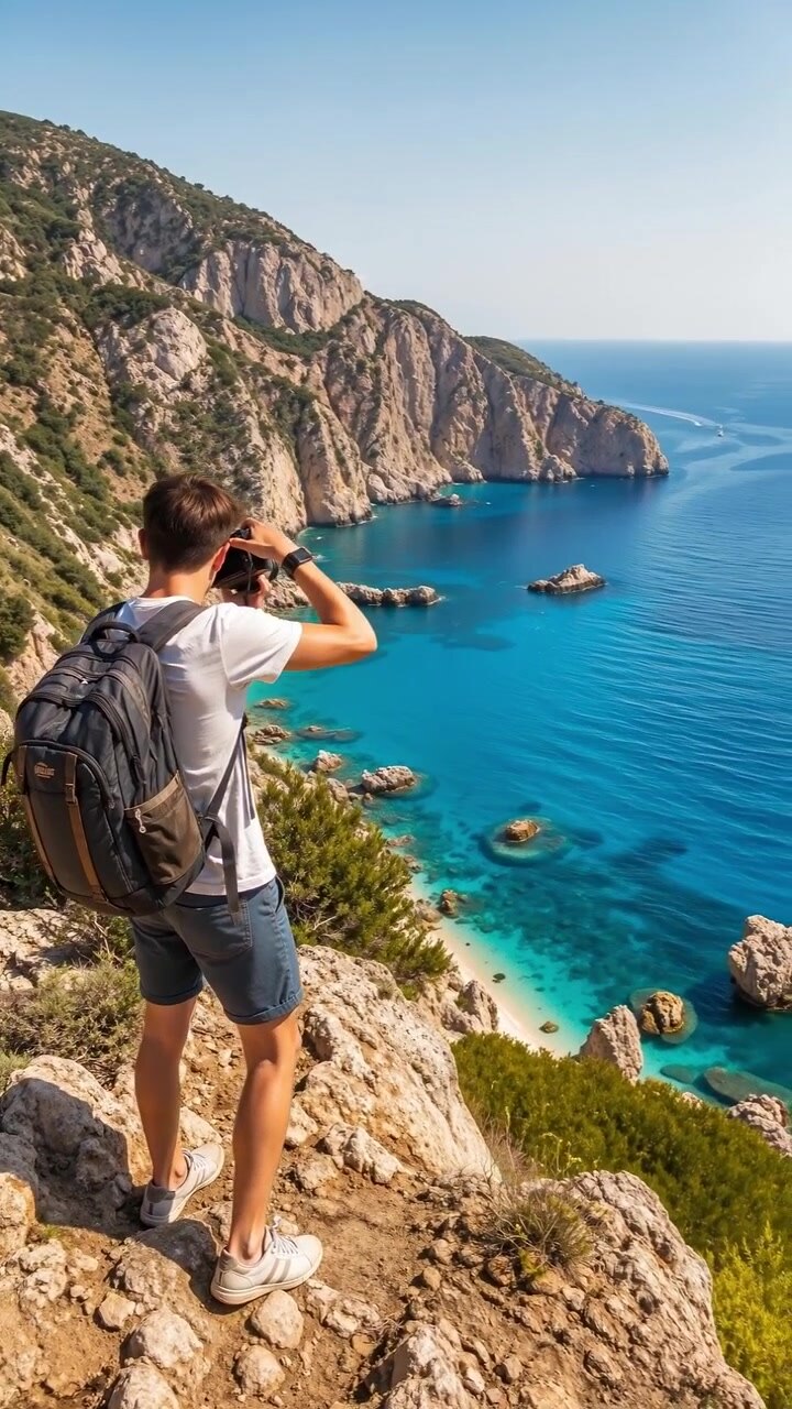 Joven tomando fotos de una pintoresca bahía costera desde un acantilado rocoso.