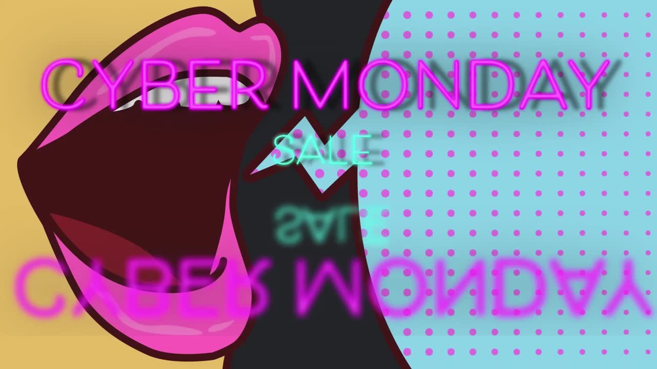 사이버 월요일 판매 텍스트의 디지털 애니메이션 분홍색 입술과 파란색 음성 거품에 대항