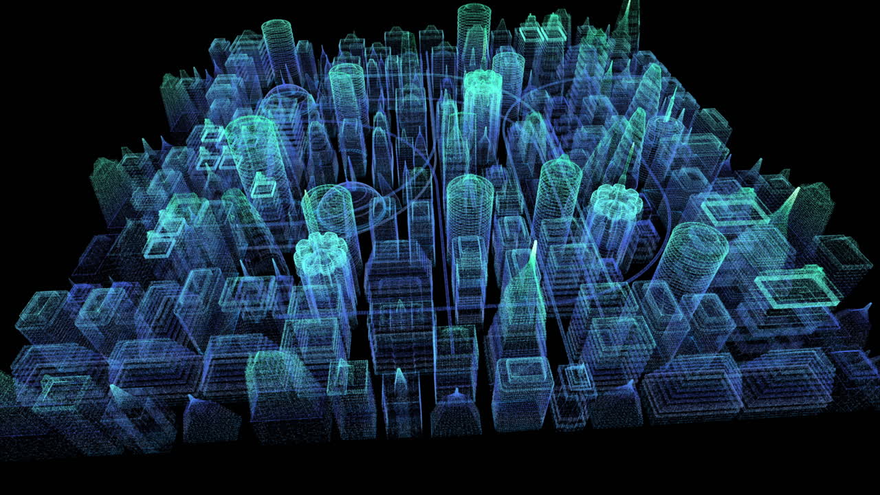 Futuristic head up display holographic city digitally generated image virtual reality matrix particles in cyber space background environment