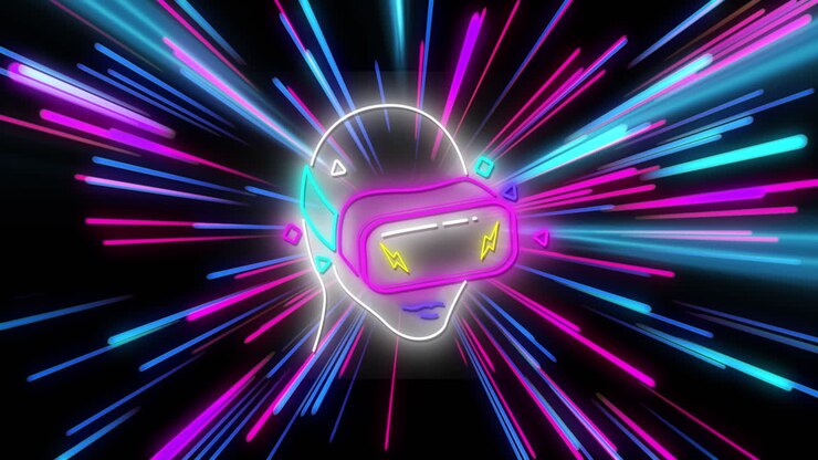 Animazione di una testa al neon con visore VR su scie luminose al neon su sfondo nero.