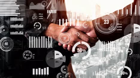 apretón de manos conceptual de negocios con tablero para el análisis de datos financieros