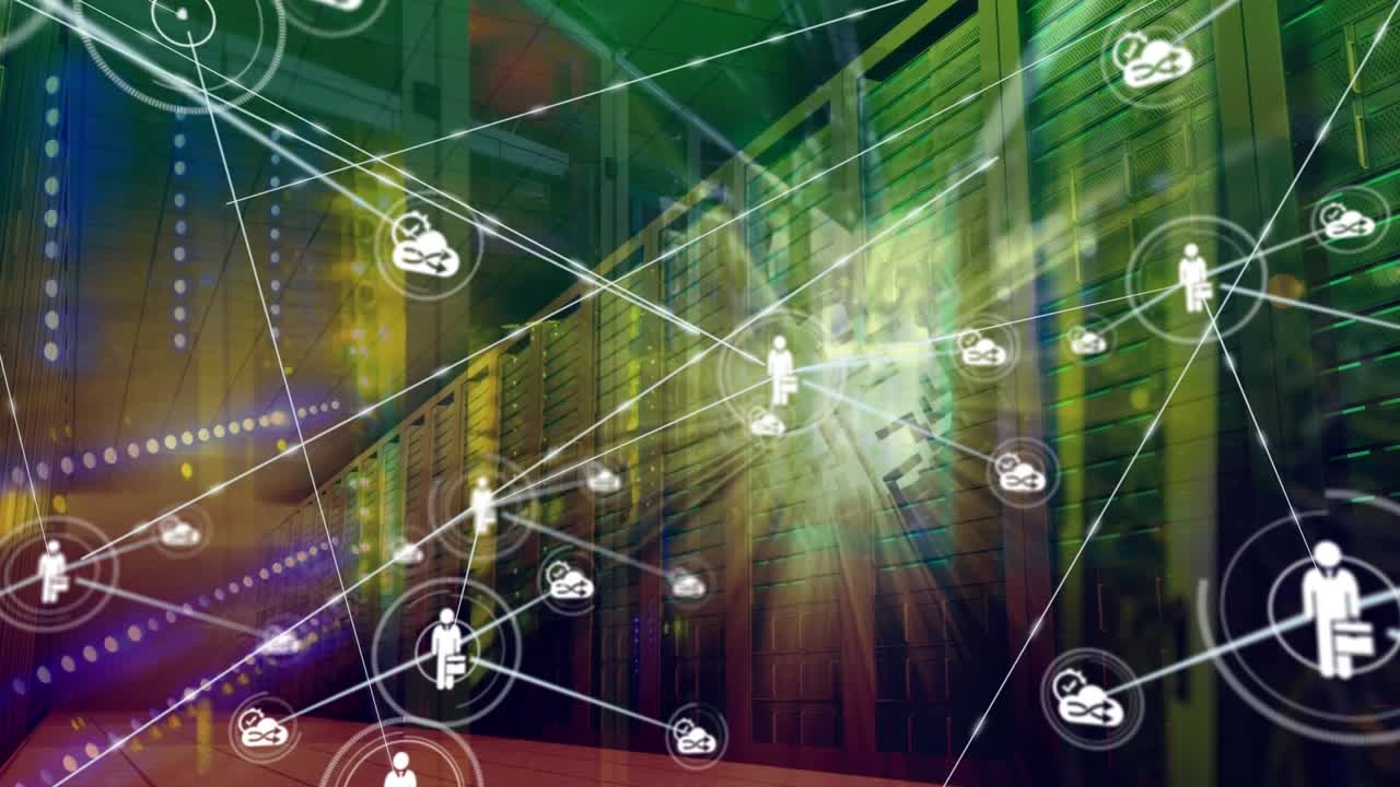 Animation of network of connections with icons and computer servers
