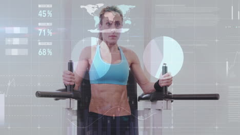 fitness data and health metrics animation over woman exercising on dip machine