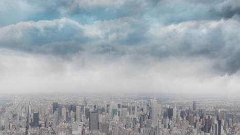 Animation-of-distant-cityscape-with-modern-buildings-and-clouds-on-blue-sky