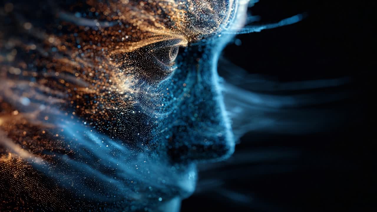 A mesmerizing close-up of a face intricately adorned with flowing particles that create an ethereal appearance, illustrating the fusion of human emotion and the beauty of light in an enchanting visual spectacle