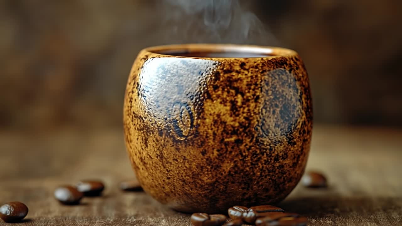 Coffee on a rustic table. A steaming cup of coffee sits on a rustic wooden table surrounded by scattered coffee beans, creating a warm atmosphere.
