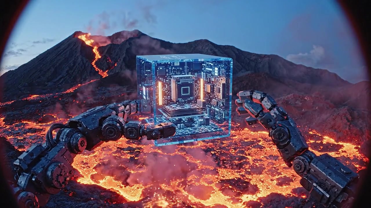 A robotic arm holds a luminous microchip above flowing lava from a spectacular volcano, showcasing the striking contrast between technology and nature's raw power.