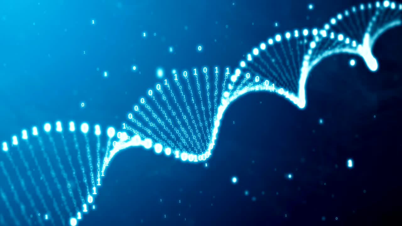 adn de un código binario en un fondo azul con humo