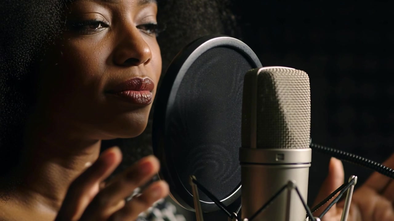 Cantante di sessione con top a fantasia che articola le vocali e batte le mani in studio, con microfono.