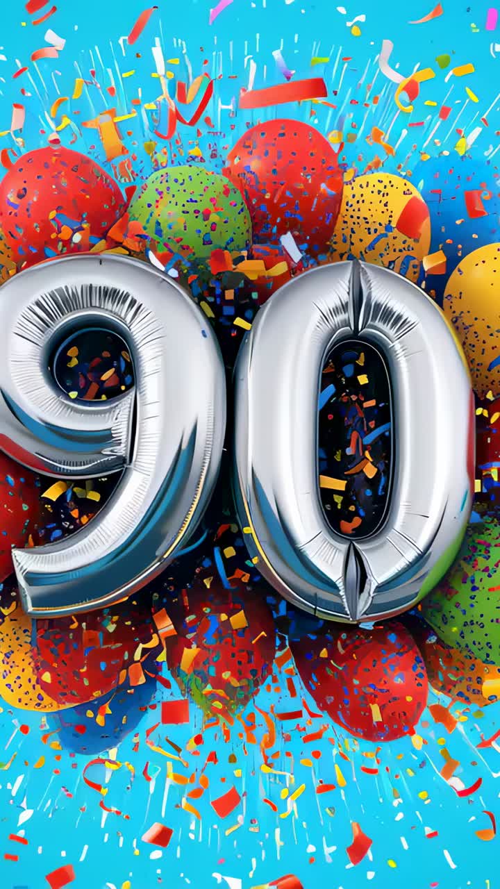 Vertical video: Shifting camera revealing foil '90' balloons sparkling on cyan burst for 90th party