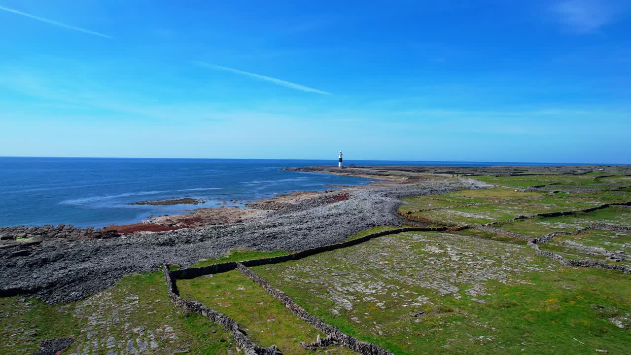 Drone flying low over rugged island to Lighthouse Inisheer Aran Islands Ireland remote epic locations