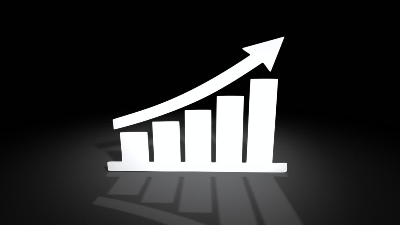 Minimal white paper cut bar chart with rising arrow, isolated on black background with spotlight and shadows, business growth, success and financial performance concept