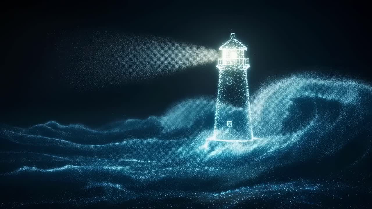 The shimmering lighthouse casts its brilliant light over the tumultuous, dark waves that crash relentlessly during a stormy night