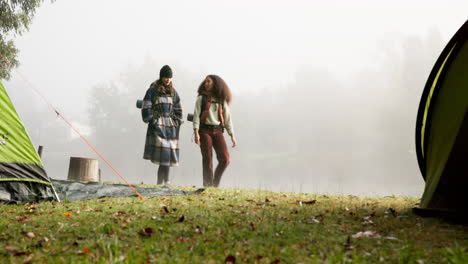 Hiking,-tent-and-women-outdoor-with-peace