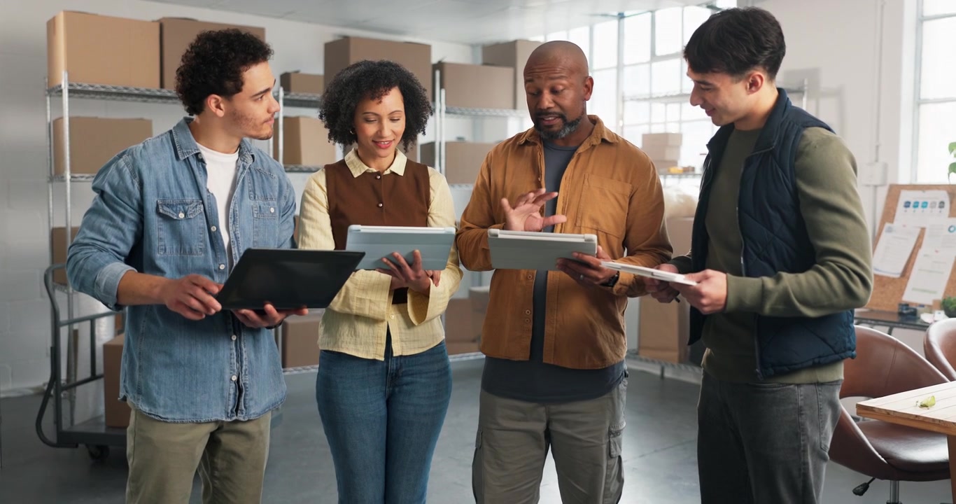 Diverse Team Collaborating on Digital Devices in Warehouse Office