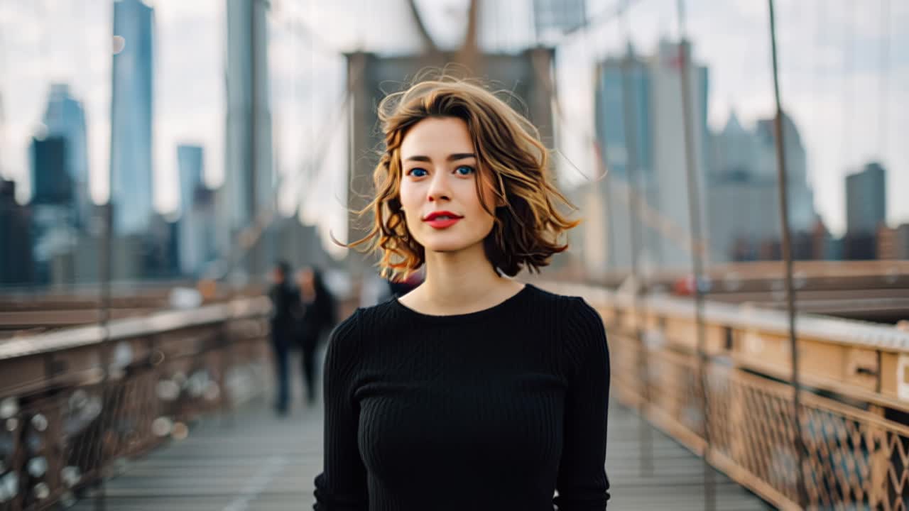 Cinematisk optagelse af en stilfuld ung kvinde, der går på Brooklyn Bridge i New York City, med blød bokeh og Manhattans skyline bag hende, et koncept for urban rejselivsstil.