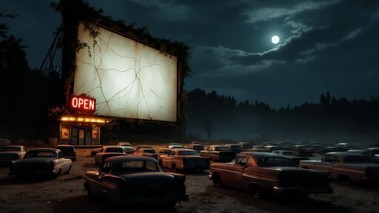 Vintage drive-in theater scene with illuminated sign and classic cars under moonlight