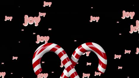 animation of joy text in repetition at christmas and candy canes on black background