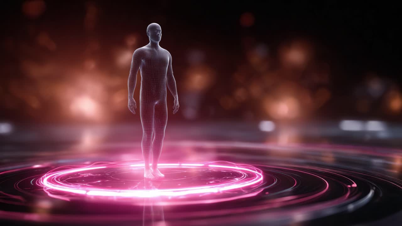 A futuristic representation of a human-like figure standing within a glowing circular interface, showcasing advanced digital technology and cybernetic themes