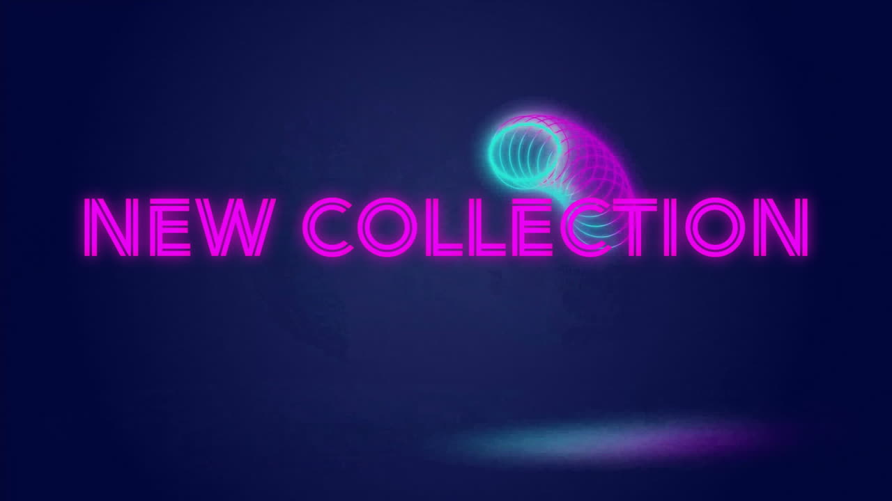 Animation of new collection text over purple shapes
