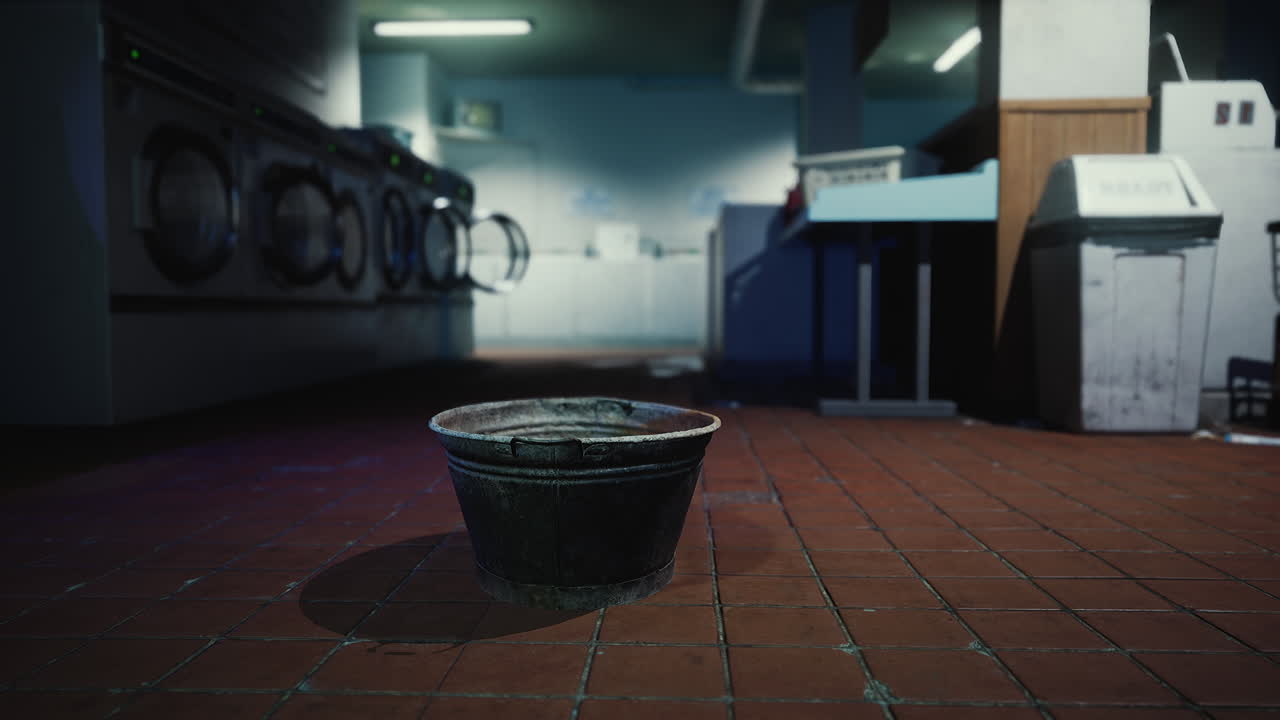 un viejo cubo de metal oxidado en una sala de lavandería sucia