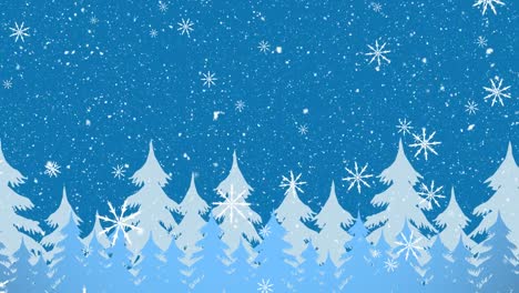 Animation-of-christmas-snowflakes-in-blue-sky-falling-son-snow-covered-trees